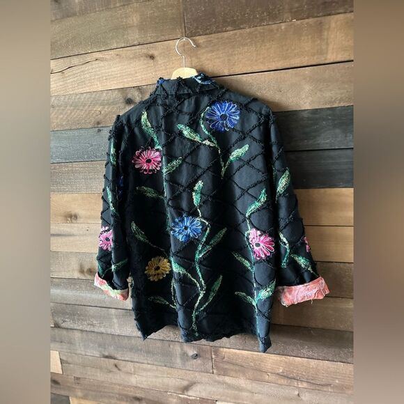 Vintage 90s Roaman’s 100% Cotton Black Floral Embroidered Button Front Jacket - Picture 4 of 12